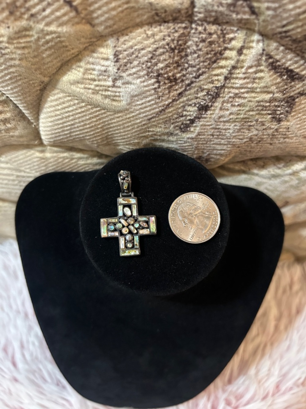 Vintage 925 Sterling Silver Abalone Cross Pendant